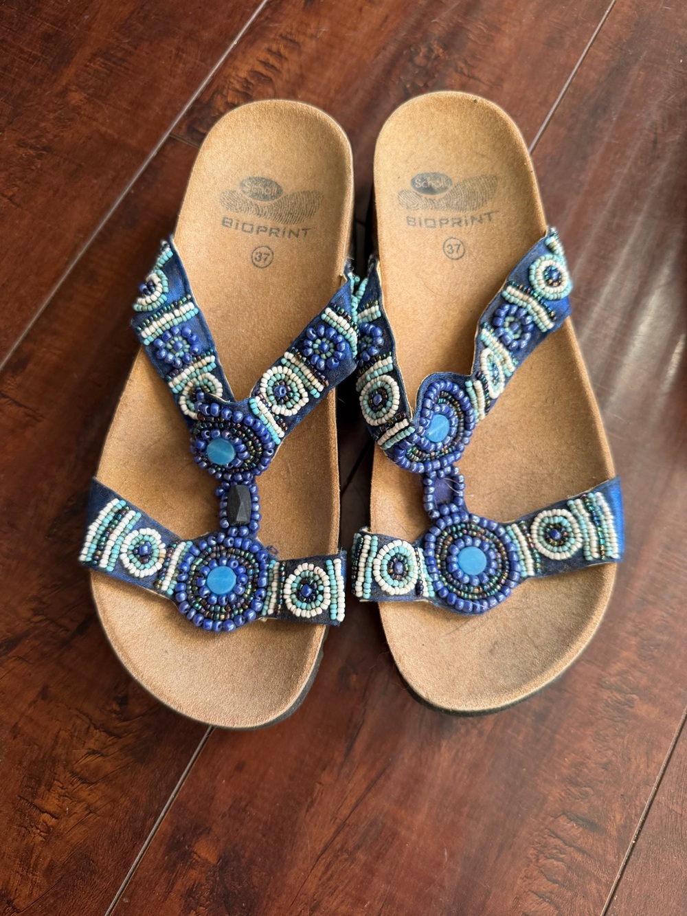 Scholl New Bogotà Wedge Beaded Sandals Blue & Brown EU 37 bio print geometric